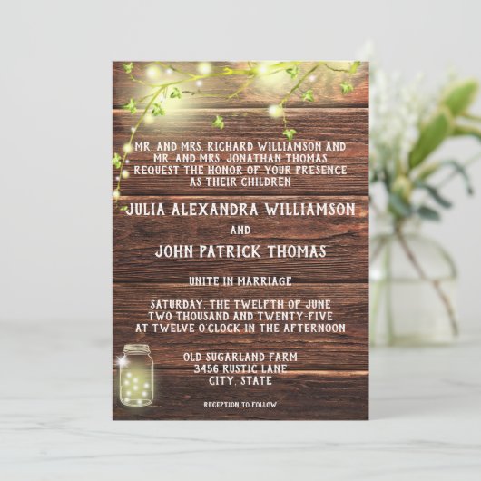 Rustiek Land Hout Mason String Lights Bruiloft Kaart (Staand voorkant)