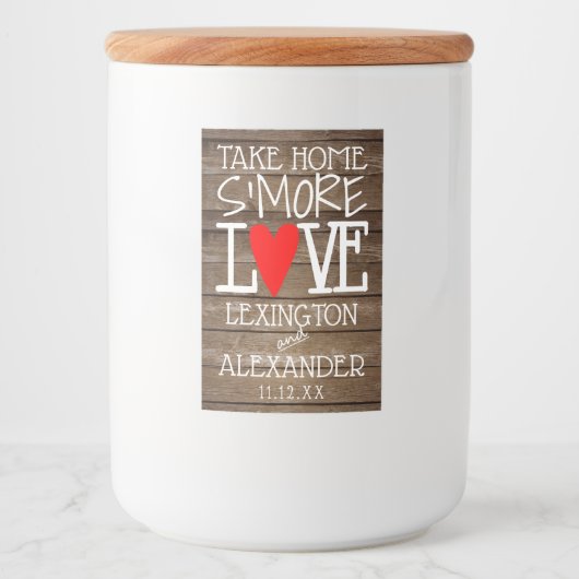 Rustiek land hout nemen huis's meer liefde bruilof voedselcontainer etiket (Voorkant)