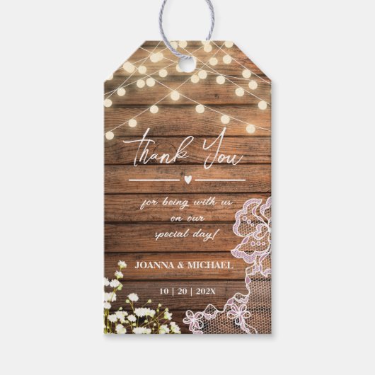 Rustiek Land Hout String Lights & Lace bruiloft Cadeaulabel (Voorkant)