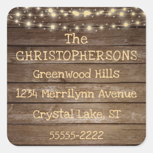 Rustiek Land Hout & String Lights Retouradres Vierkante Sticker (Voorkant)