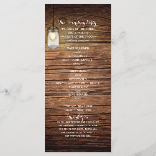 Rustiek Land Hout & Verlichte Mason Jars Programma Programmakaart (Achterkant)