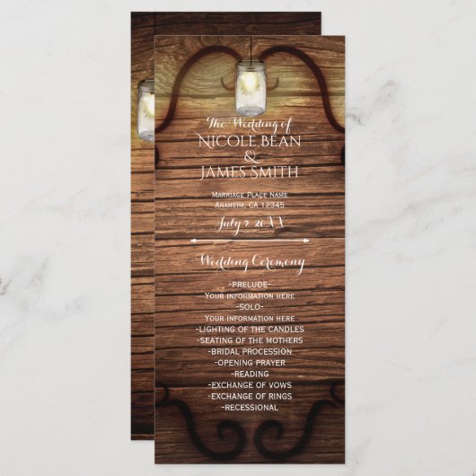 Rustiek Land Hout & Verlichte Mason Jars Programma Programmakaart (Voorkant / Achterkant)