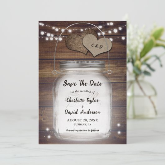 Rustiek Land Houten Lichten Mason Jar Bruiloft Save The Date (Staand voorkant)