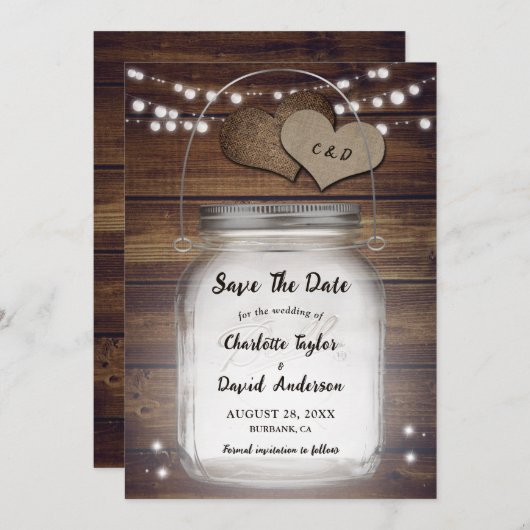 Rustiek Land Houten Lichten Mason Jar Bruiloft Save The Date (Voorkant / Achterkant)