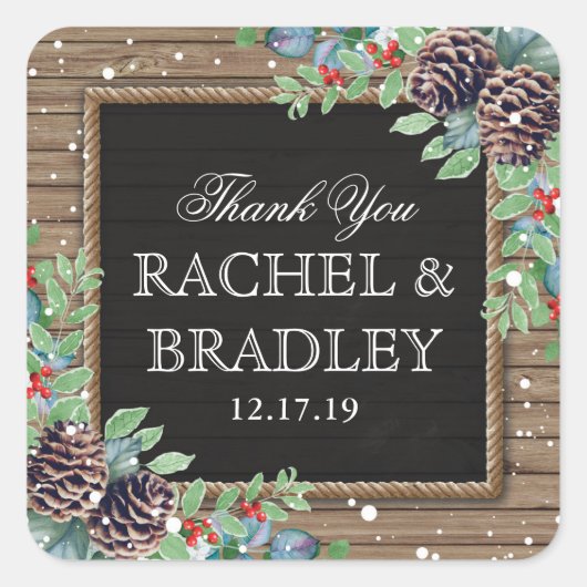 Rustiek Land Kerstmis Winter bruiloft gunst Vierkante Sticker (Voorkant)