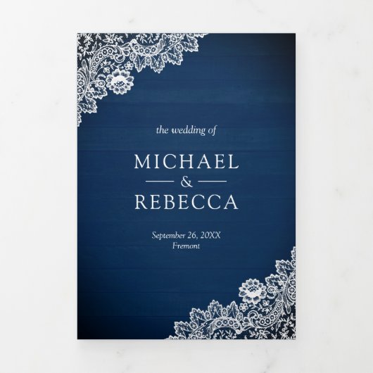Rustiek Land Marine Blauw Houten Kant Bruiloft Fot Drieluik Uitnodiging (Cover)