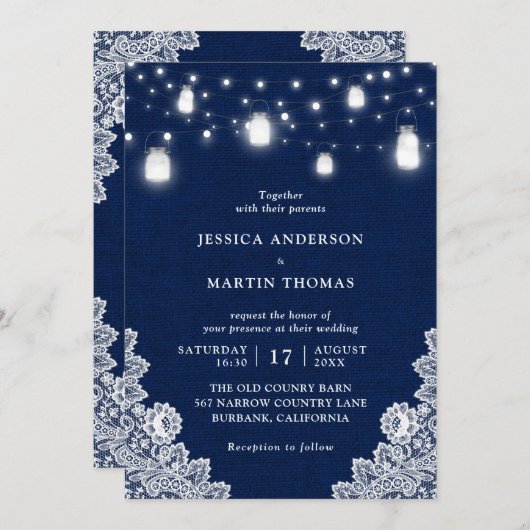 Rustiek Land Marine Blauw Mason Jar Lights Bruilof Kaart (Voorkant / Achterkant)