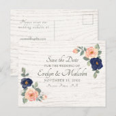 Rustiek Land Marine Blauw, Perzik Bloemen Bruiloft Aankondigingskaart (Voorkant / Achterkant)