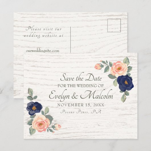 Rustiek Land Marine Blauw, Perzik Bloemen Bruiloft Aankondigingskaart (Voorkant / Achterkant)