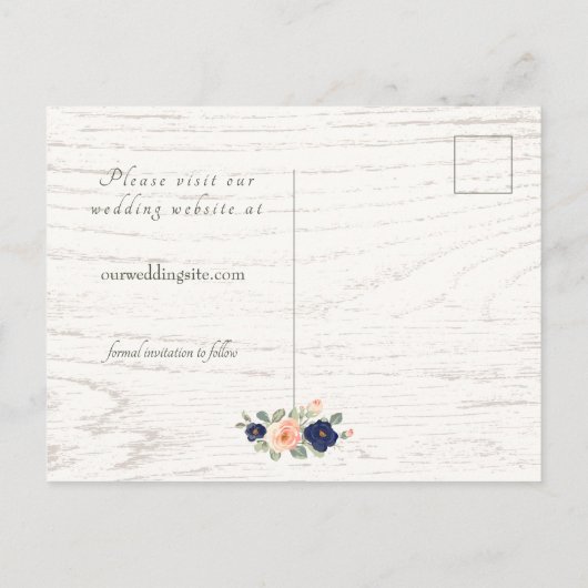 Rustiek Land Marine Blauw, Perzik Bloemen Bruiloft Aankondigingskaart (Achterkant)