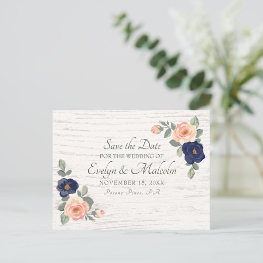 Rustiek Land Marine Blauw, Perzik Bloemen Bruiloft Aankondigingskaart (Staand voorkant)