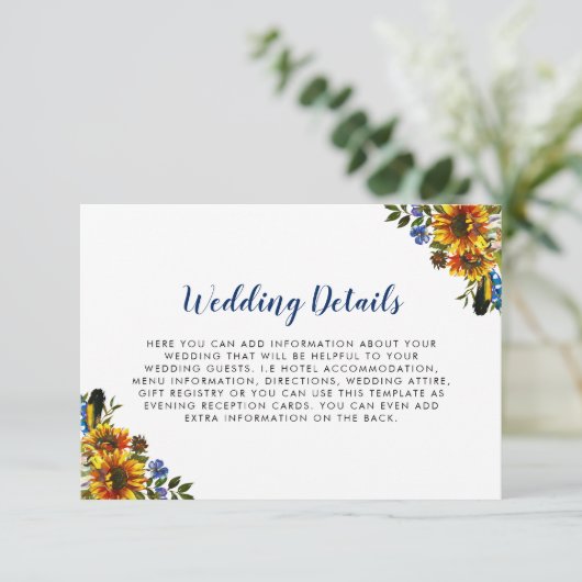 Rustiek Land Marine Blauwe Zonnebloem Trouwdetails Kaart (Staand voorkant)