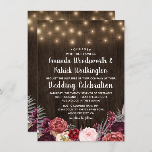 Rustiek Land Marsala Pioen Bruiloft Uitnodigingen (Voorkant / Achterkant)