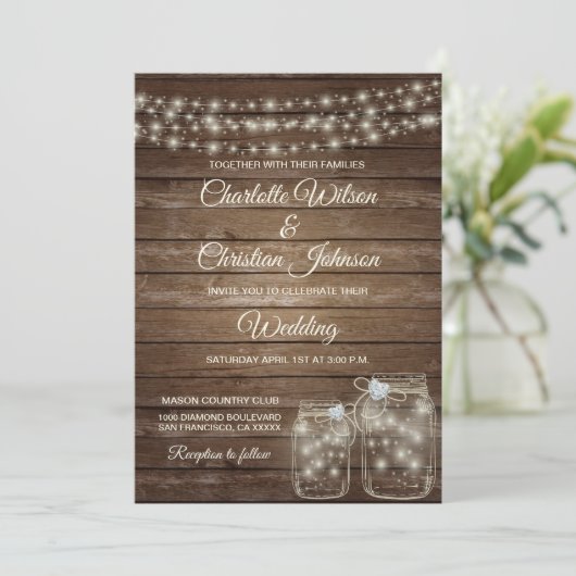 Rustiek Land Mason Lights Bruiloft uitnodiging (Staand voorkant)