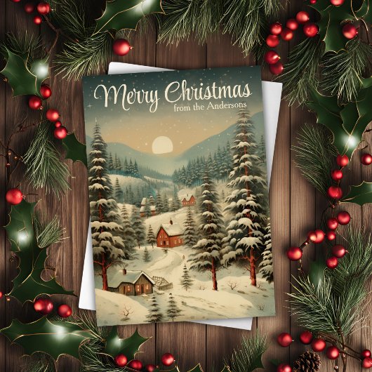 Rustiek land met sneeuw bedekte kerstdorp feestdagen kaart