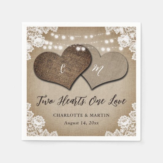 Rustiek Land Monogram Burlap en Kant Bruiloft Servet (Voorkant)