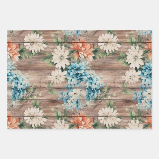Rustiek land noodlijdend hout blauwe bloemen inpakpapier vel (Voorkant)