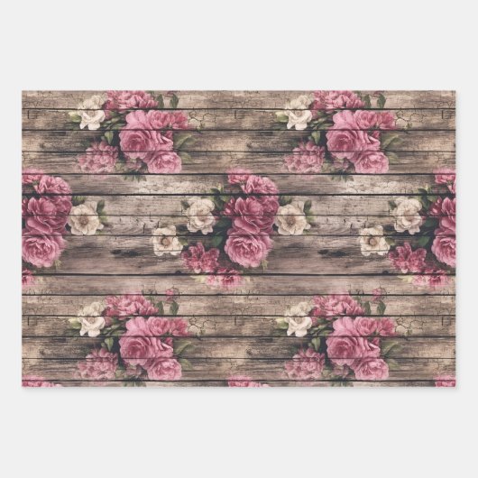 Rustiek land noodlijdend hout roze bloemen inpakpapier vel (Voorkant 3)