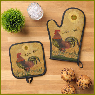 Rustiek Land Proud Rooster Gepersonaliseerde Naam Ovenwant & Pannenlap Set