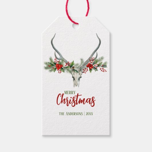 Rustiek Land Rendier Schedel & Garland Kerstmis Cadeaulabel (Voorkant)