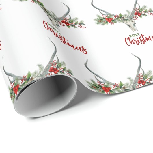 Rustiek Land Rendier Schedel & Garland Kerstmis Cadeaupapier (Rol Hoek)
