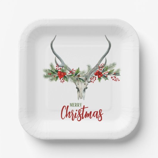 Rustiek Land Rendier Schedel & Garland Kerstmis Papieren Bordje (Voorkant)