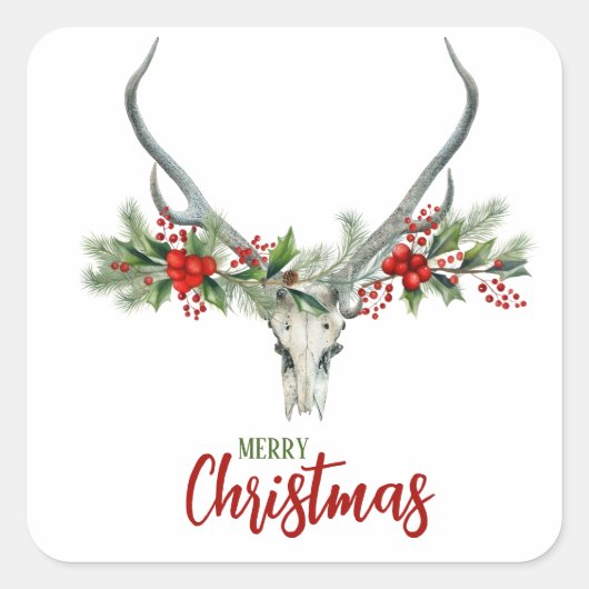 Rustiek Land Rendier Schedel & Garland Kerstmis Vierkante Sticker (Voorkant)