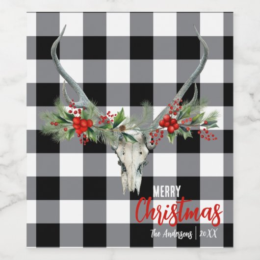 Rustiek Land Rendier Schedel & Garland Kerstmis Wijn Etiket (Enkel label)