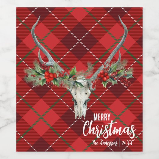 Rustiek Land Rendier Schedel & Garland Kerstmis Wijn Etiket (Enkel label)