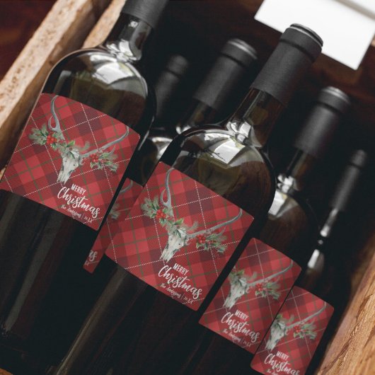 Rustiek Land Rendier Schedel & Garland Kerstmis Wijn Etiket