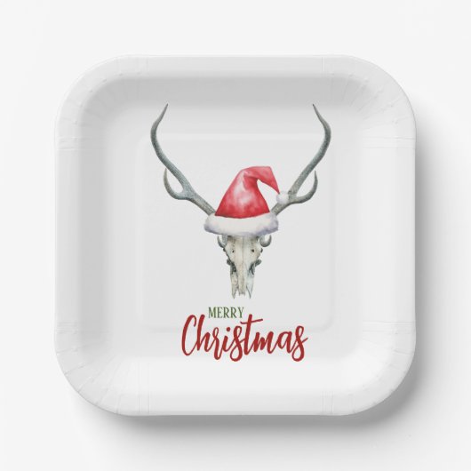 Rustiek Land Rendier Schedel & Santa Ha Kerstmis Papieren Bordje (Voorkant)