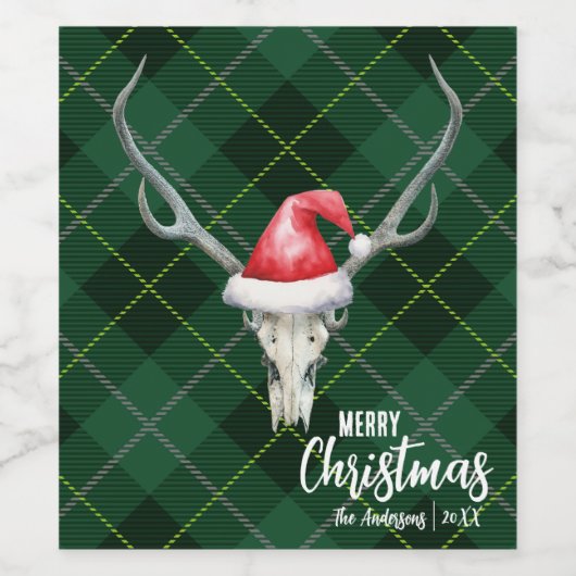 Rustiek Land Rendier Schedel & Santa Ha Kerstmis Wijn Etiket (Enkel label)