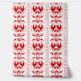 Rustiek Land Rooster en Schuur Patroon Rood Wit Behang