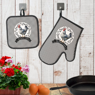 Rustiek Land Rooster Kip BW Gingham Cheques Ovenwant & Pannenlap Set