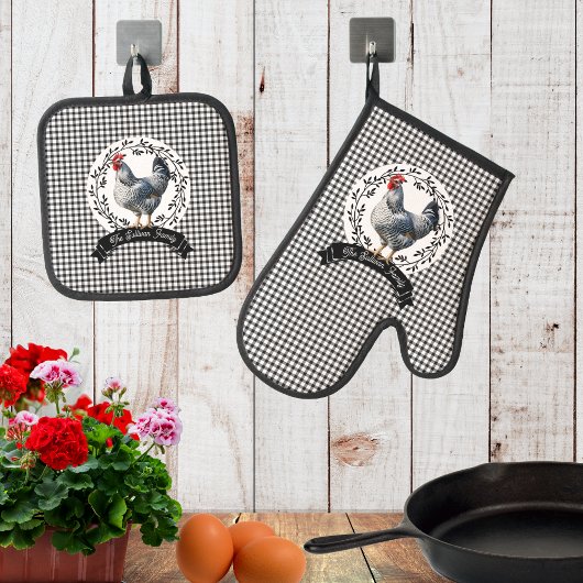 Rustiek Land Rooster Kip BW Gingham Cheques Ovenwant & Pannenlap Set