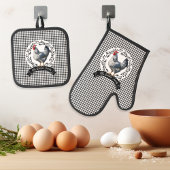 Rustiek Land Rooster Kip BW Gingham Cheques Ovenwant & Pannenlap Set