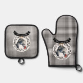 Rustiek Land Rooster Kip BW Gingham Cheques Ovenwant & Pannenlap Set (Voorkant)