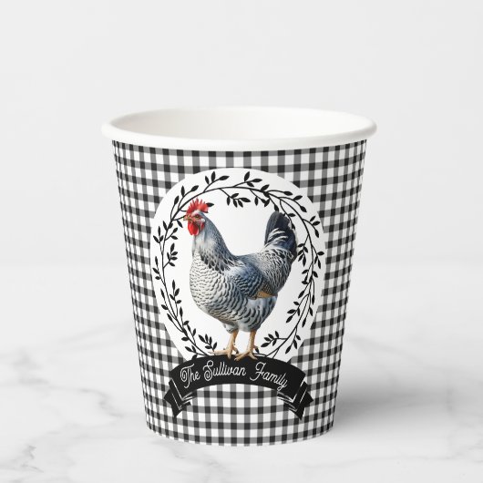 Rustiek Land Rooster Kip BW Gingham Cheques Papieren Bekers (Voorkant)