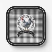 Rustiek Land Rooster Kip BW Gingham Cheques Papieren Bordje (Voorkant)