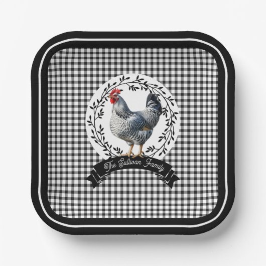 Rustiek Land Rooster Kip BW Gingham Cheques Papieren Bordje (Voorkant)