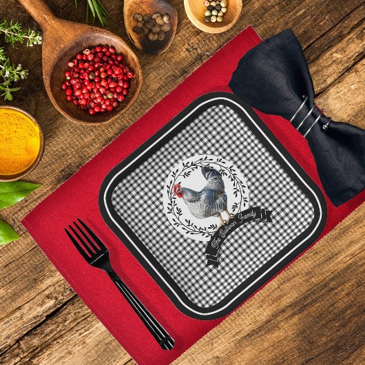 Rustiek Land Rooster Kip BW Gingham Cheques Papieren Bordje