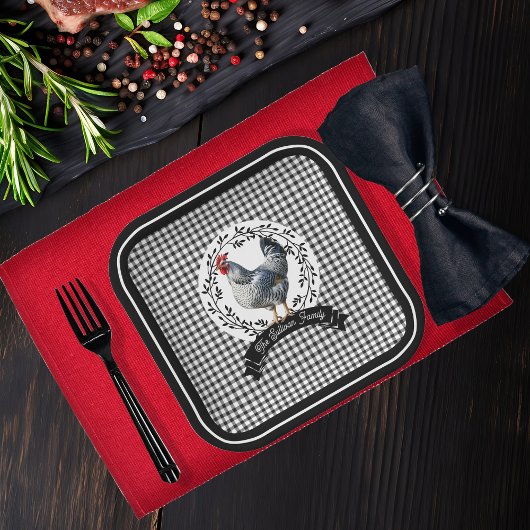 Rustiek Land Rooster Kip BW Gingham Cheques Papieren Bordje