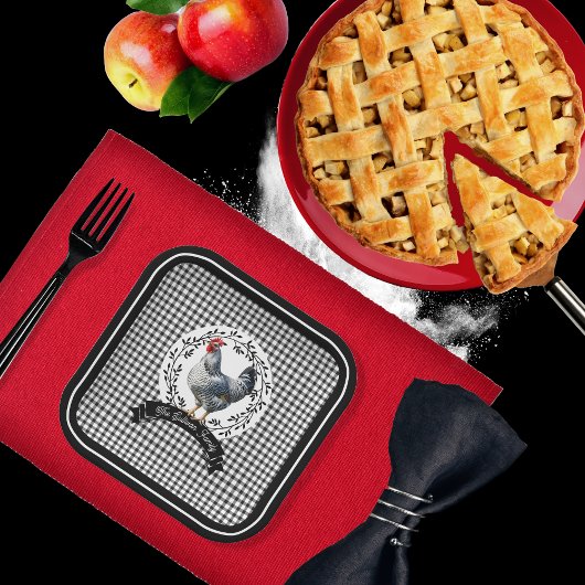 Rustiek Land Rooster Kip BW Gingham Cheques Papieren Bordje