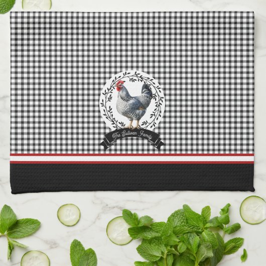 Rustiek Land Rooster Kip BW Gingham Cheques Theedoek (Gevouwen)