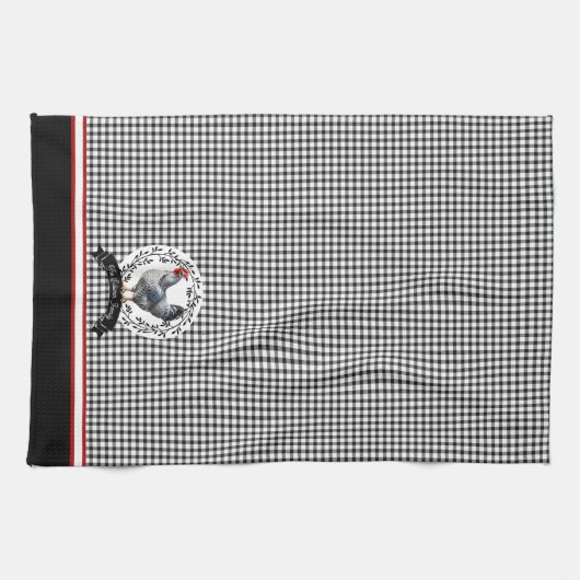Rustiek Land Rooster Kip BW Gingham Cheques Theedoek (Horizontaal)