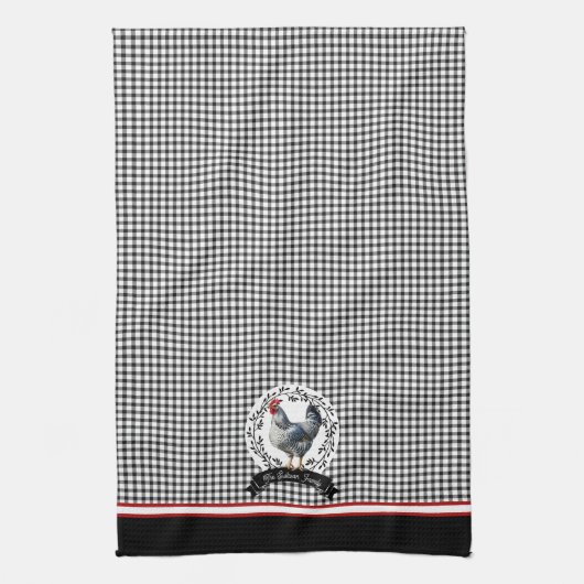 Rustiek Land Rooster Kip BW Gingham Cheques Theedoek (Verticaal)