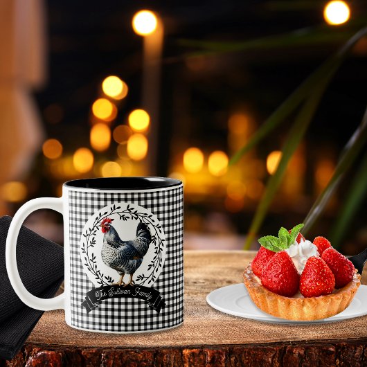 Rustiek Land Rooster Kip BW Gingham Cheques Tweekleurige Koffiemok