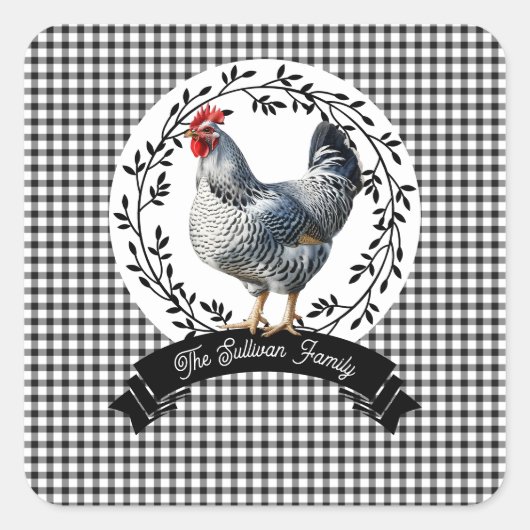 Rustiek Land Rooster Kip BW Gingham Cheques Vierkante Sticker (Voorkant)