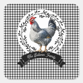 Rustiek Land Rooster Kip BW Gingham Cheques Vierkante Sticker