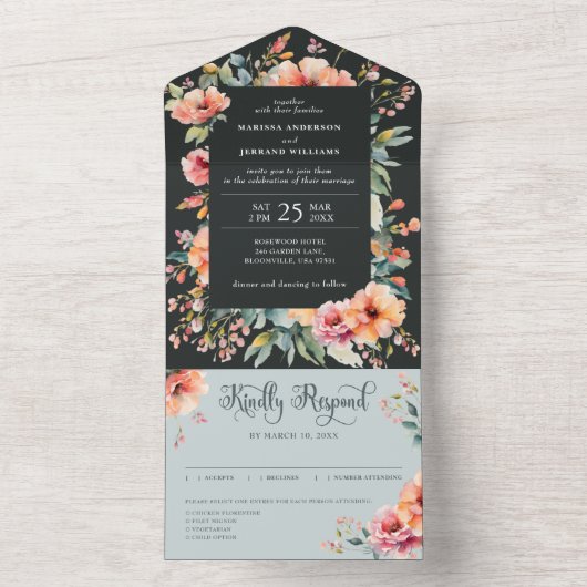 Rustiek Land Sage Groen Modern Bloemen Bruiloft All In One Uitnodiging (Binnen)